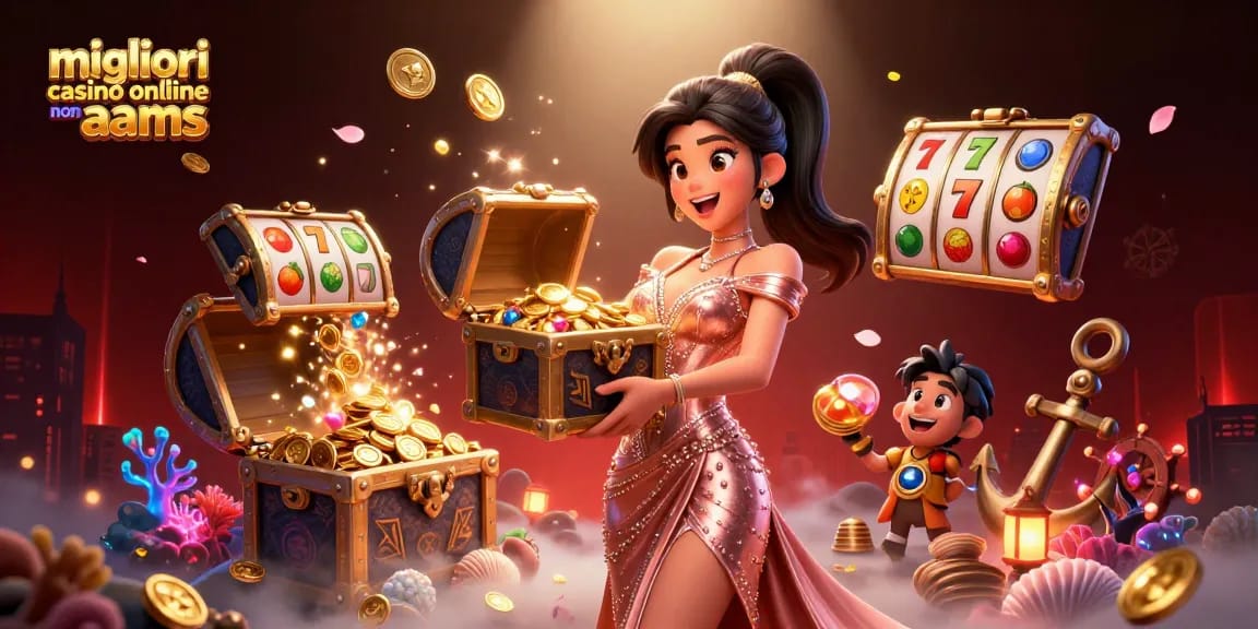 Migliori casinò online non AAMS che mostrano una donna asiatica gioiosa mentre presenta un forziere di ricchezze da casinò.