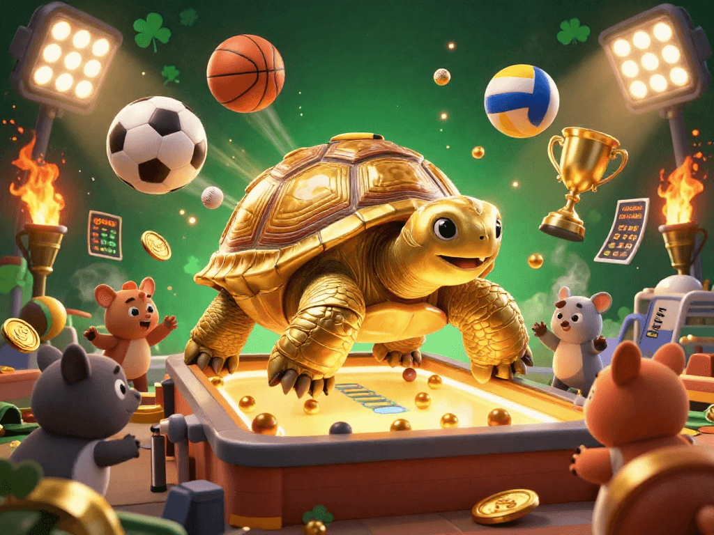 Engage with gmnc's captivating 3D casino scene featuring a golden tortoise pinball machine in action.