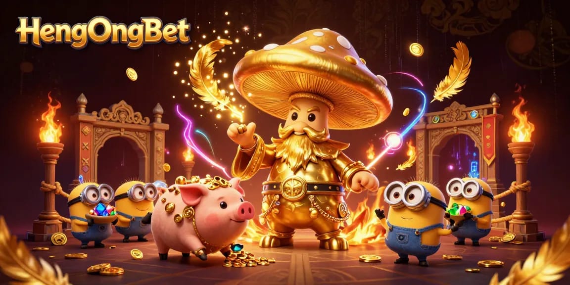 Experience enchanting magic with HengOngBet's golden wizard and treasure-collecting creatures in this immersive casino scene.