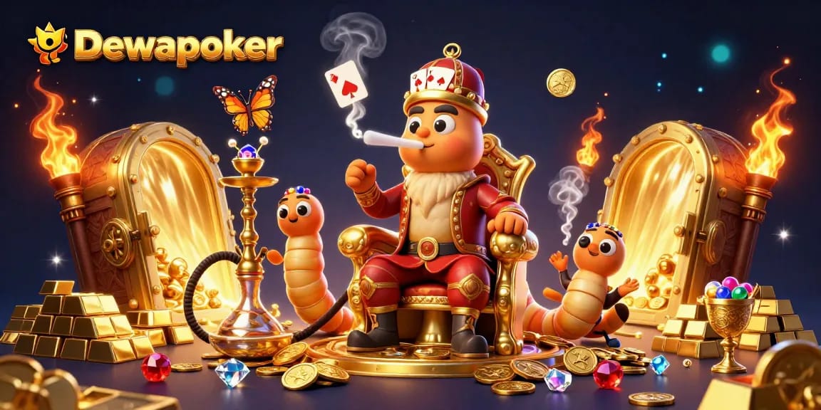 Dewapoker flourish while winning poker hands and riches unfold in vibrant casino-themed illustration.