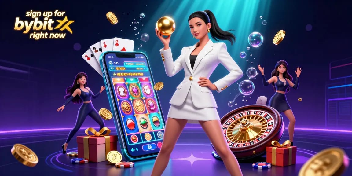 Engage and sign up for bybit right now with this vibrant casino-themed digital illustration.