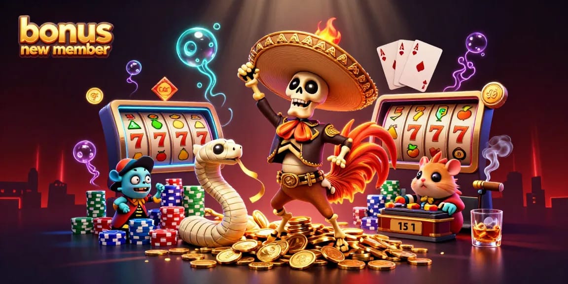 Engage with bonus new member promotions while enjoying a vibrant casino scene featuring animated characters amidst dynamic slot elements.