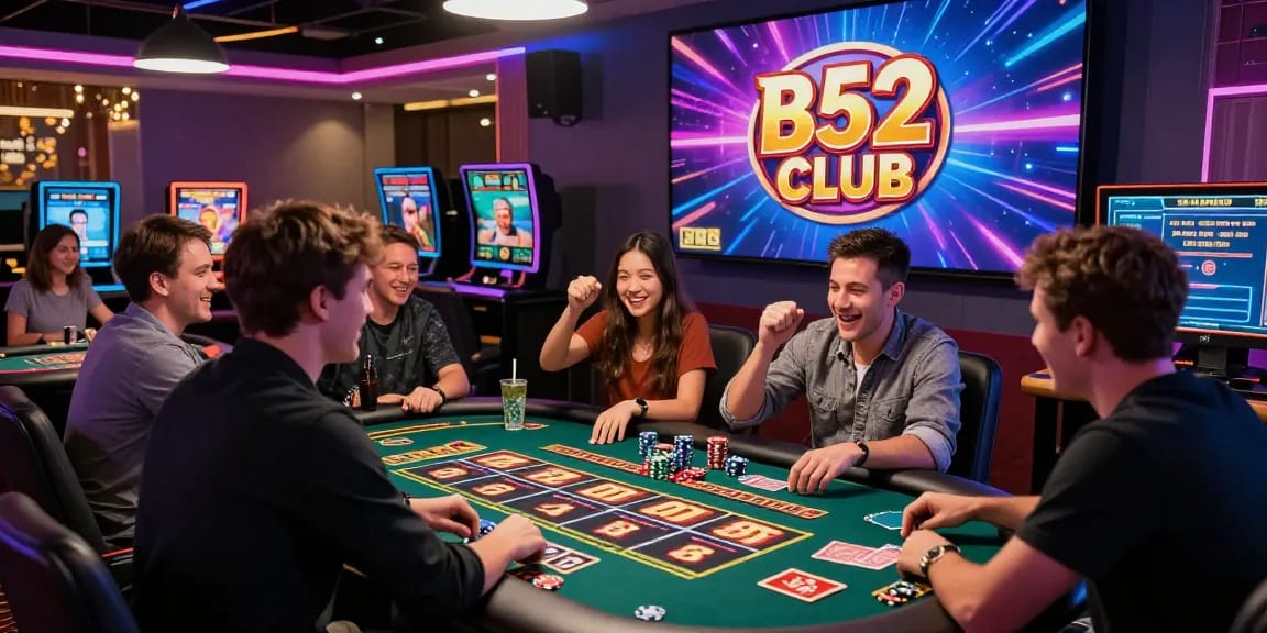 Dynamic online gaming with players celebrating a big win at B52, vibrant atmosphere with chips and digital interactions.