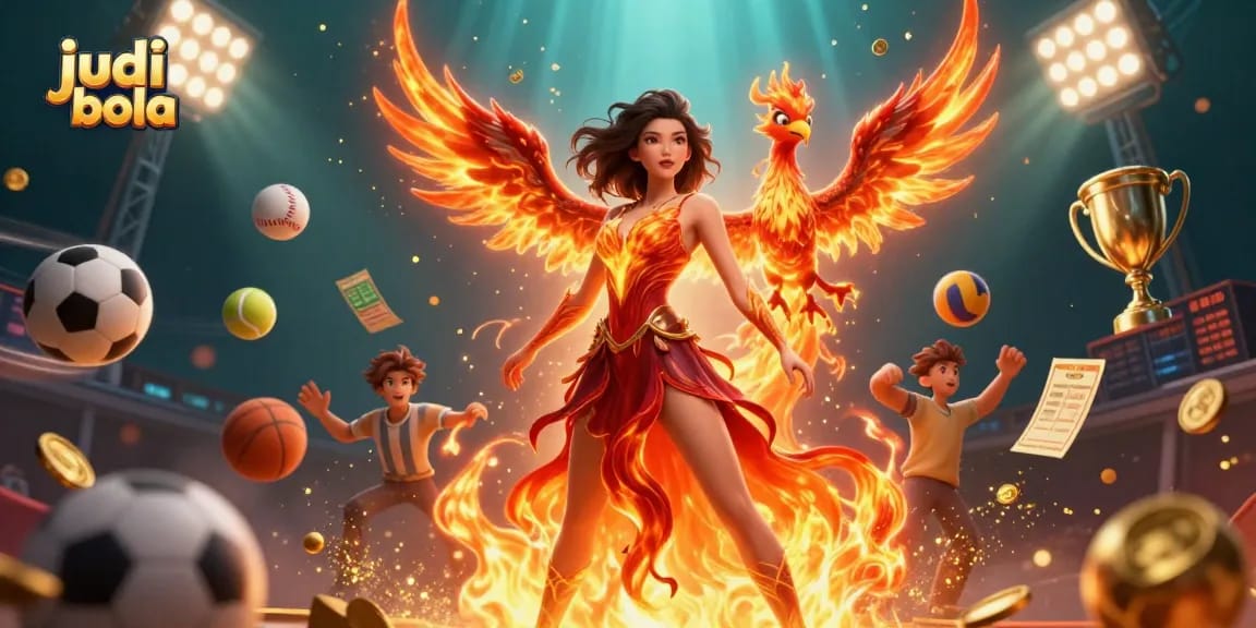 Engage in judi bola with a vibrant scene of sports betting, featuring dynamic sports balls and stunning characters.