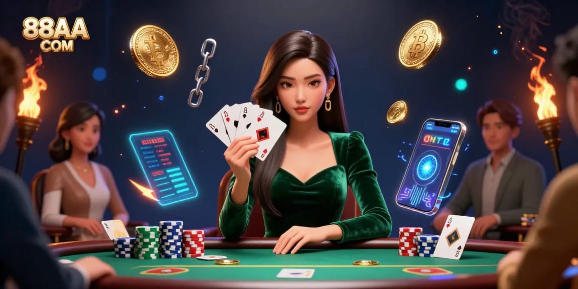 Experience thrilling gameplay at 88AA COM with a stylish poker scene featuring crypto elements.
