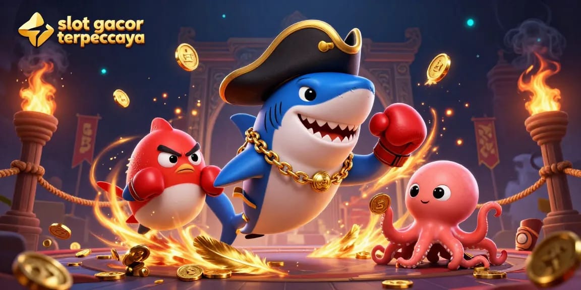 Slot gacor terpercaya menghadirkan ilustrasi kartun menawan dengan karakter laut yang kaya akan koin emas.