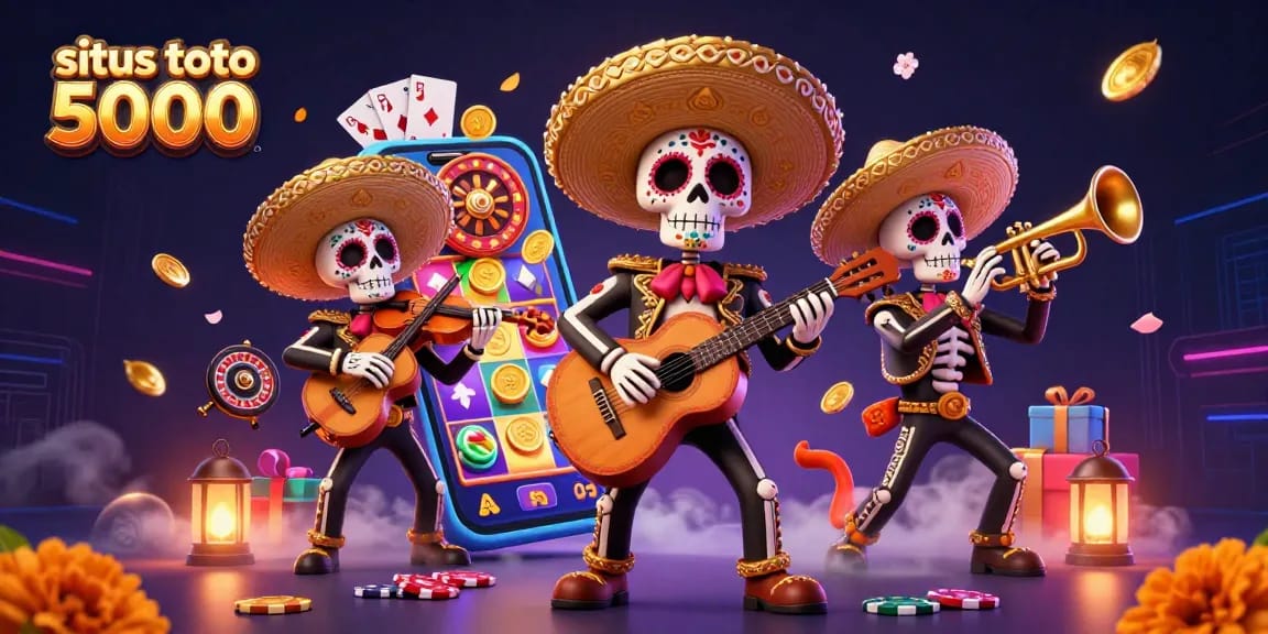 Experience excitement with situs toto 5000 as skeleton mariachi musicians blend with vibrant gambling elements.