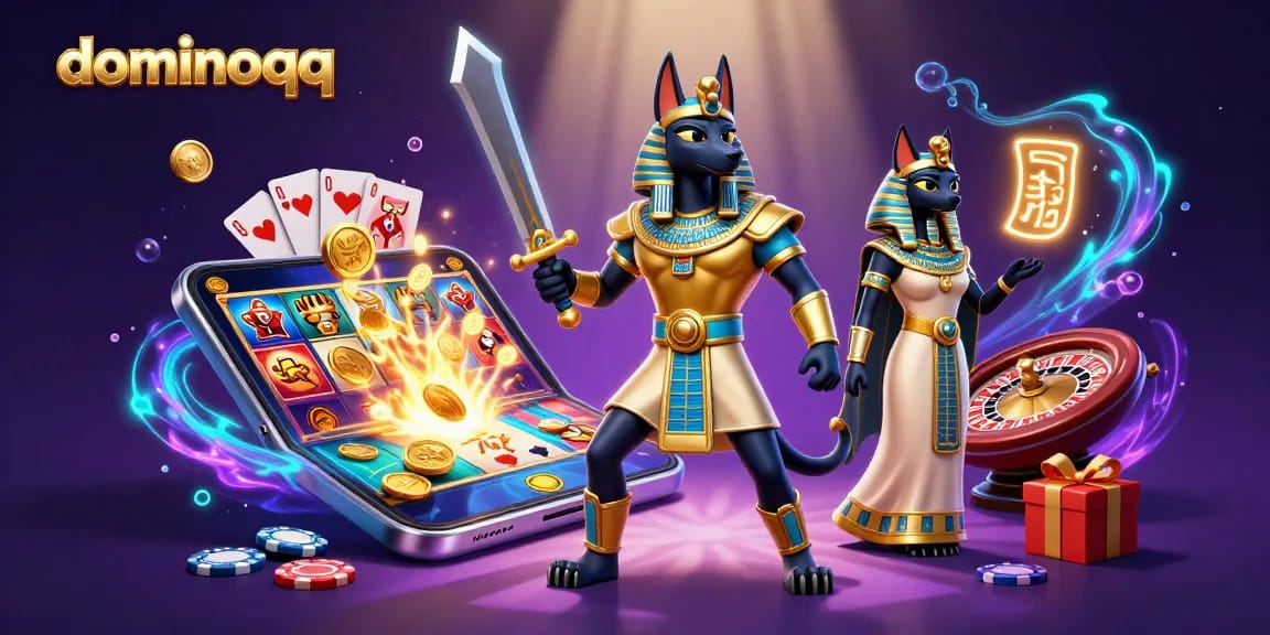 Engage in thrilling dominoqq gameplay with a vibrant casino-themed 3D illustration featuring Anubis and Bastet.