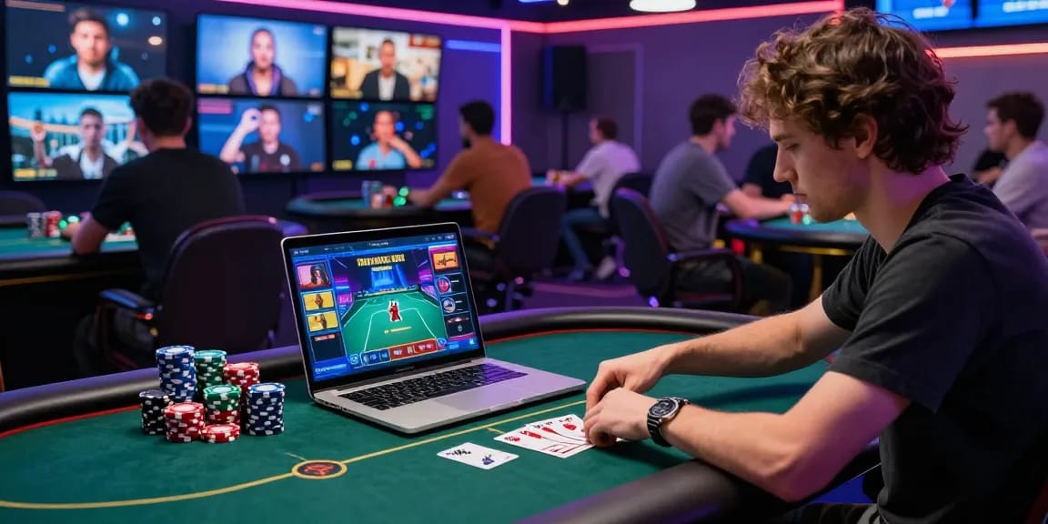 Engaged player participating in Game Poker Uang Asli Dominobet at a virtual poker table, showcasing vibrant gameplay atmosphere.