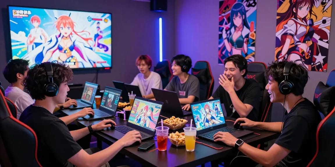 Exciting gaming lounge scene showcasing adults playing hentai games, with colorful decor and engaging atmosphere.