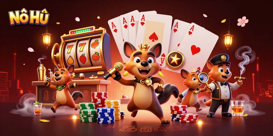 Engage with Nổ Hũ through this vibrant 3D casino illustration showcasing lively characters and dynamic gambling elements.