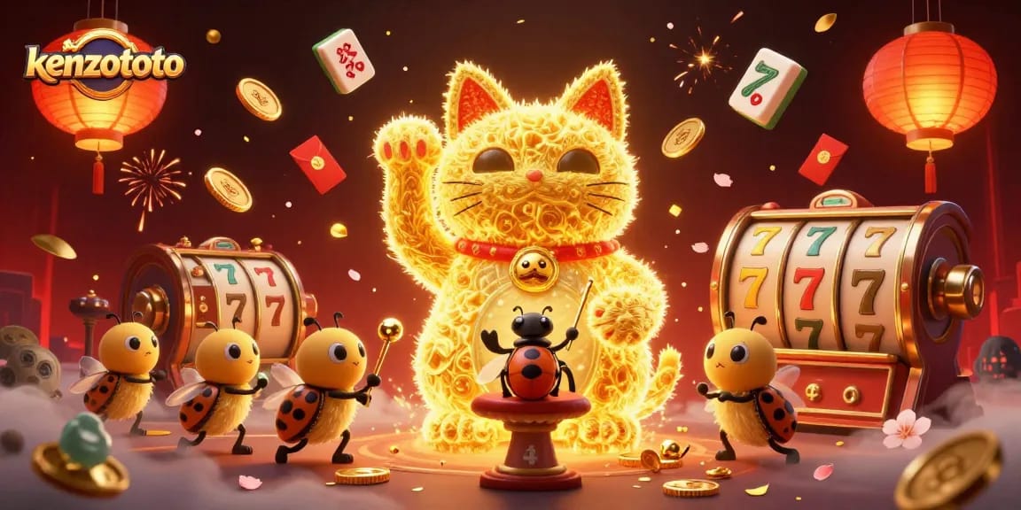 Kenzototo players enjoy a vibrant casino experience with golden fireflies, jackpot symbols, and festive elements.
