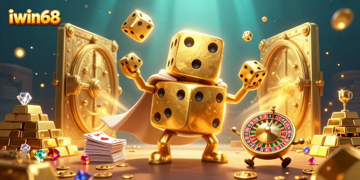 Witness the excitement of iwin68 with animated golden dice, gold treasures, and vibrant game elements in a casino scene.