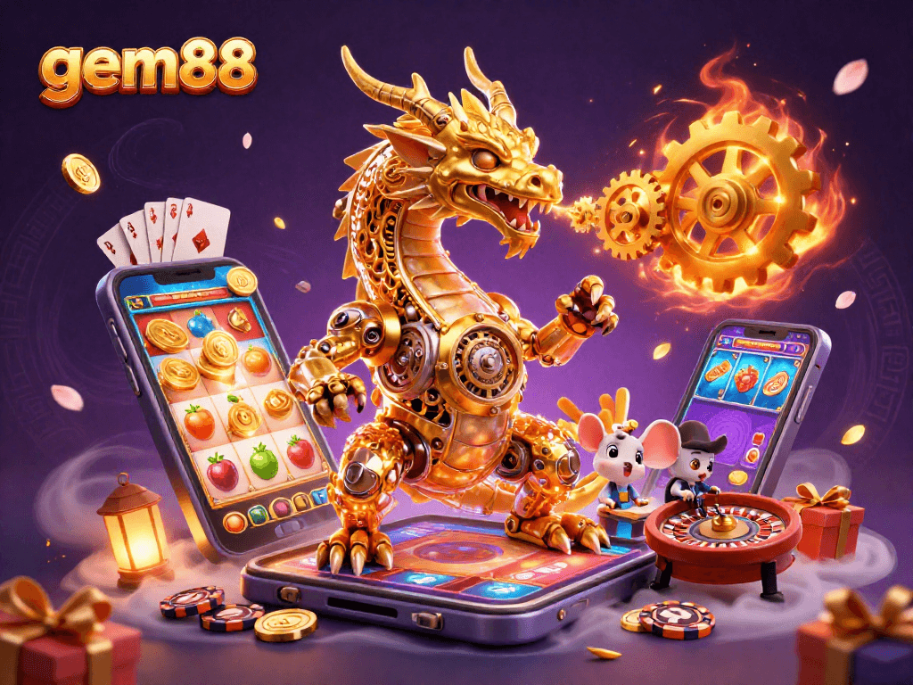 gem88 showcases a golden dragon amid a vibrant casino scene with golden gears, spinning slots, and dynamic game elements.