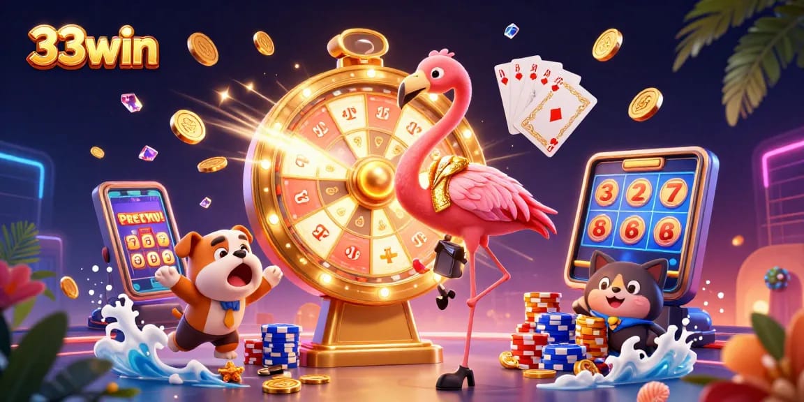 Engage with 33win, showcasing excitement with a flamboyant host, lively prizes, and thrilling casino elements.