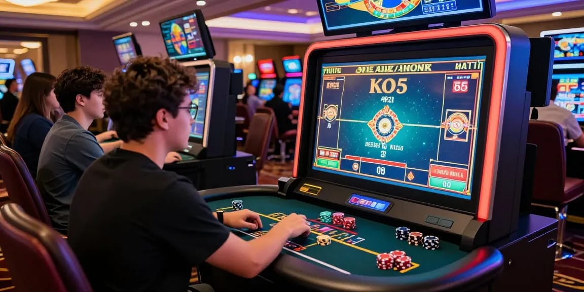 Exciting KO66 casino gaming scene with player focused on a vibrant gaming station amid dynamic casino lights.
