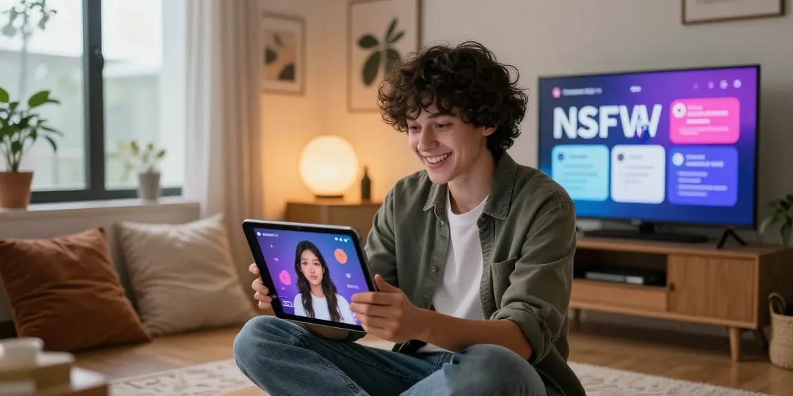 Engaging NSFW AI chat experience in a cozy modern setting with a user interacting with a virtual girlfriend app.