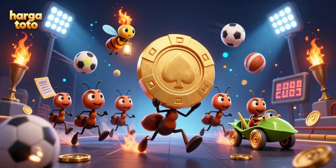 Explore harga toto strategies with ants carrying poker chips in a vibrant casino heist scene.