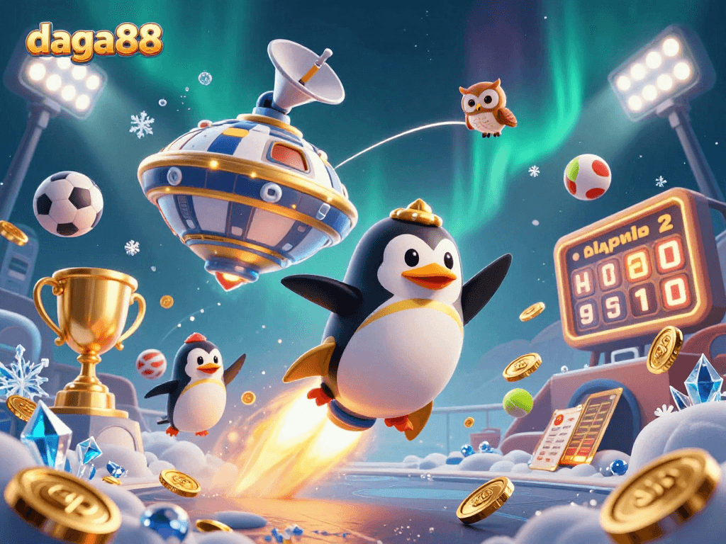Bet on daga88 while enjoying thrilling sports action from a rocket-powered golden penguin illustration.