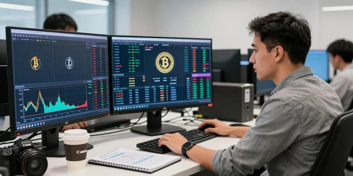 Отзывы о брокере Bitmex: трейдер в современном офисе за анализом рынка криптовалют.
