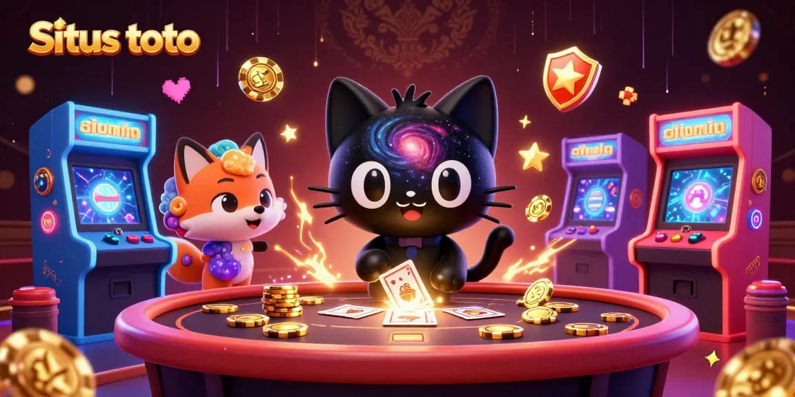 Situs toto cosmic casino illustration featuring a black hole cat and nebula fox amidst vibrant gaming elements.
