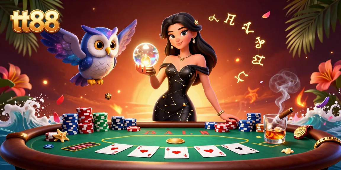 Experience tt88 with vibrant poker action featuring a stunning woman and mystical owl in a dynamic casino scene.