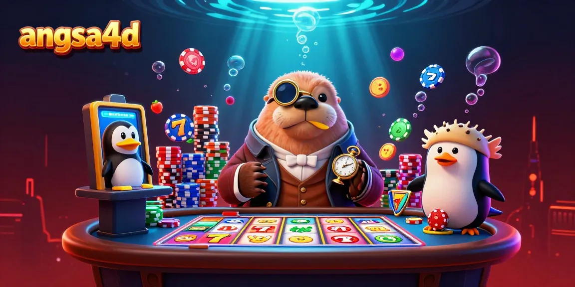 Spin thrilling slots with angsa4d as the jolly walrus, penguin dealer, and bluffing pufferfish play in an underwater casino scene.