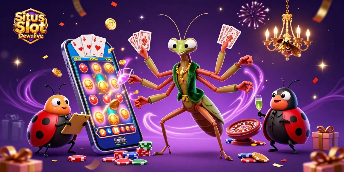 Situs Slot Gacor Dewalive demonstrates thrilling gaming action with a vibrant illustration of a giant mantis dealing cards, surrounded by slot game elements.