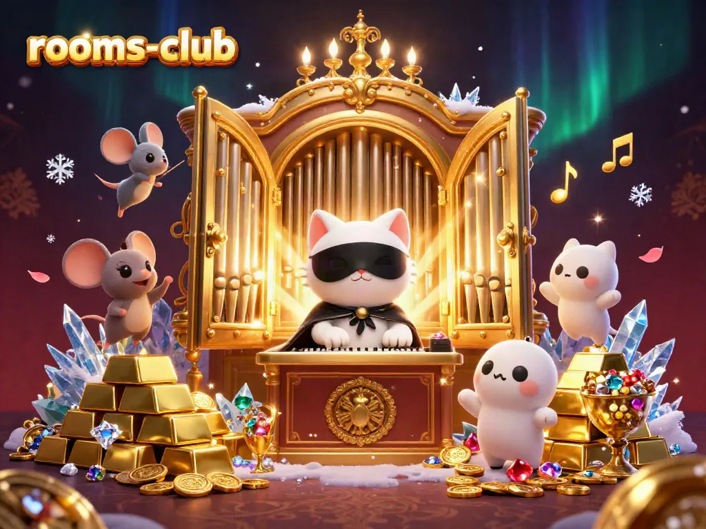 Permainan di rooms-club menghadirkan suasana kasino mewah dengan kucing putih dan mouse akrobatik.