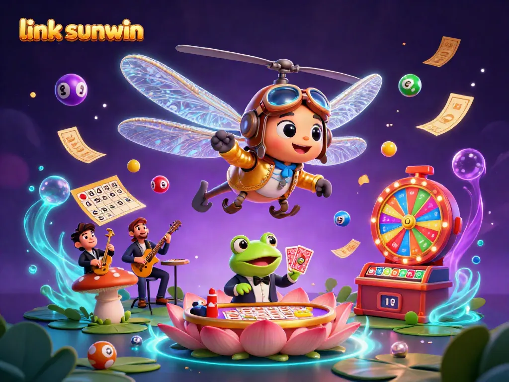 Win big at Sunwin! A lively 3D scene features a dragonfly pilot and frog dealer in a vibrant casino setting.