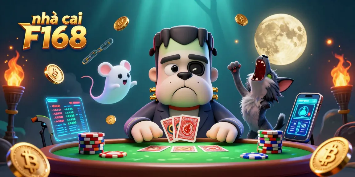 Engage with nhà cái F168 in a thrilling card game scene atop a spooky table.