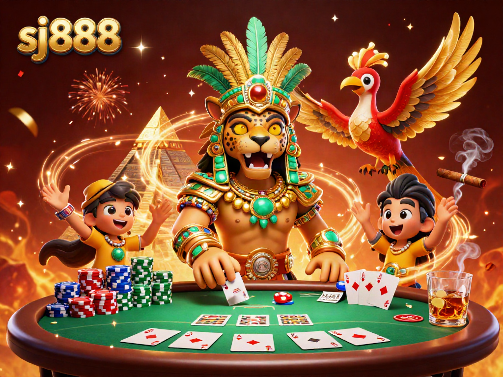 Experience the thrill of sj888 with a dynamic poker scene featuring a Mayan jaguar priest and vibrant casino elements.
