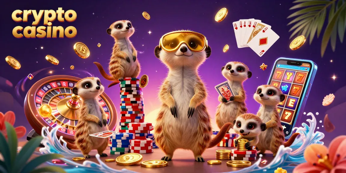 The meerkats run a vibrant crypto casino, surrounded by golden coins and colorful chips in 3D illustration.