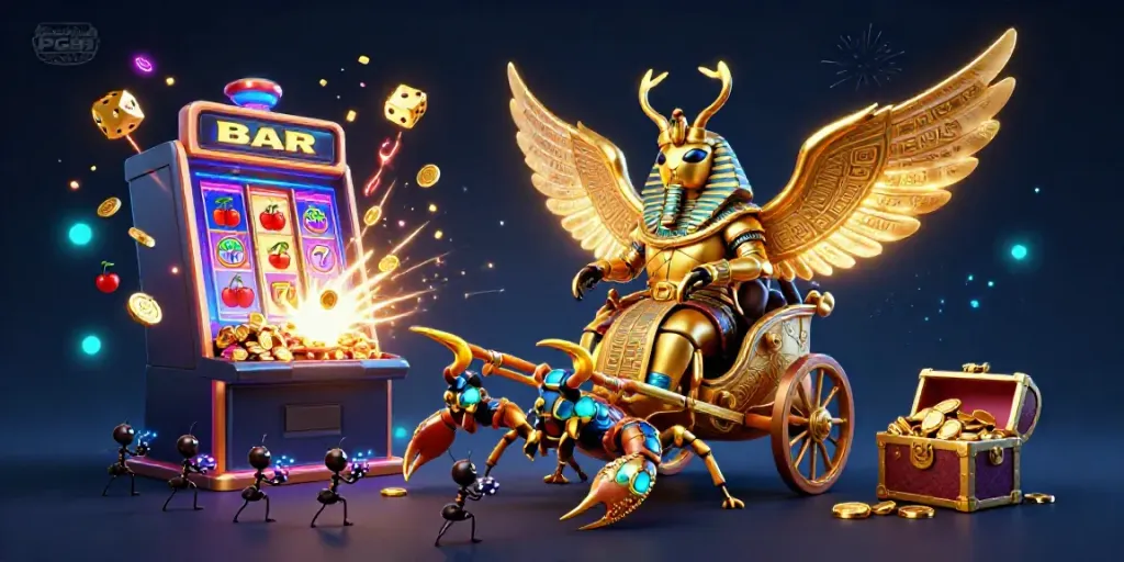 Experience the vibrant world of trang chủ PG99 with a golden scarab beetle and dazzling jackpot display.