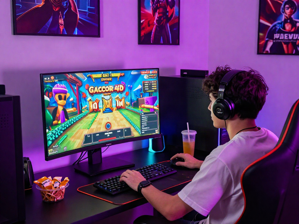 Engaging gaming scene featuring player enjoying slot gacor 4d game on a desktop, vibrant colors and LED lights enhance the atmosphere.
