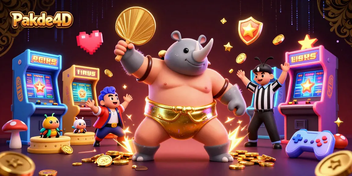 Pakde4D showcases a lively 3D scene of a beetle sumo champion as coins scatter during gameplay.