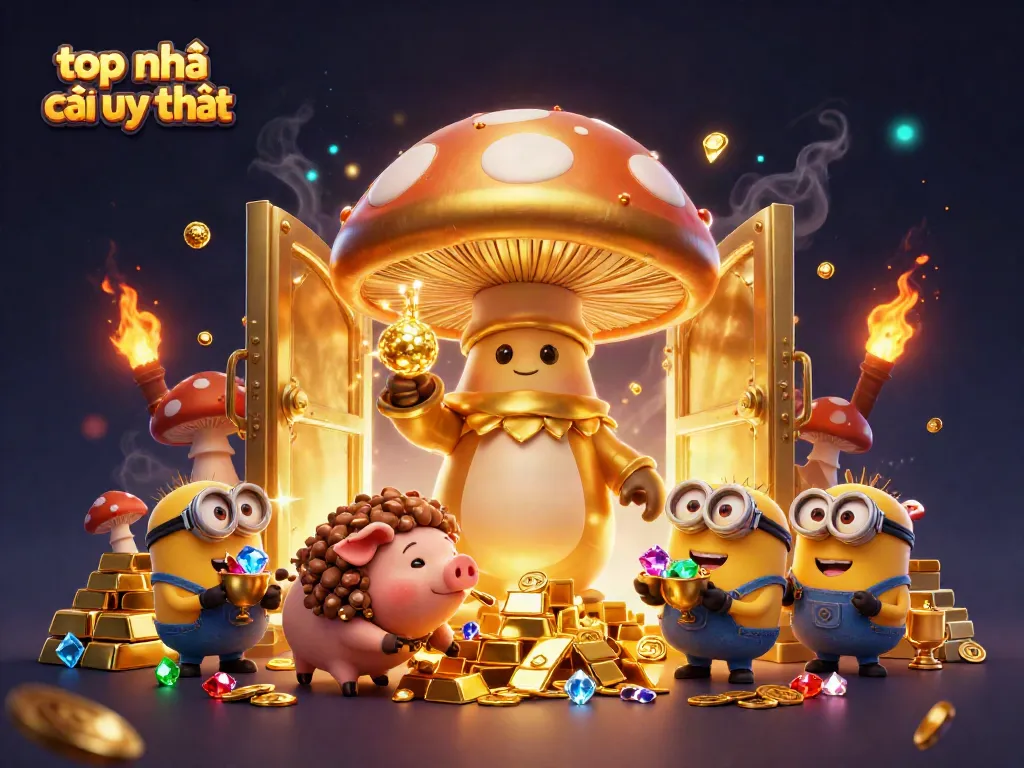 Engage with the top nhà cái uy tín in a vibrant scene of treasure and magic, packed with casino elements.