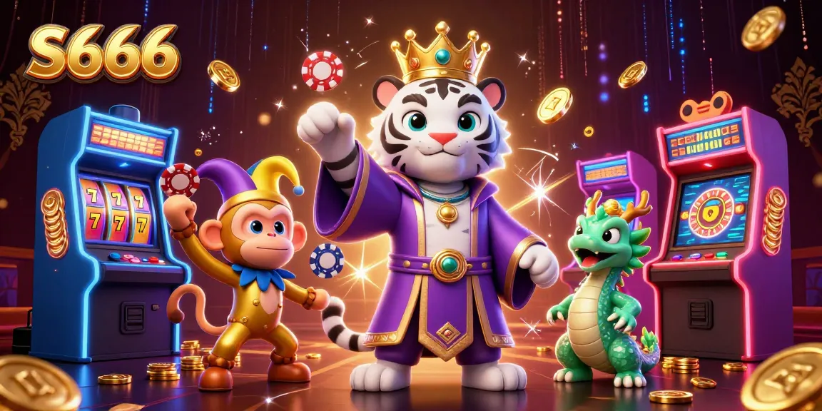 S666 presents an energetic casino scene with a playful monkey juggling poker chips alongside a majestic tiger.