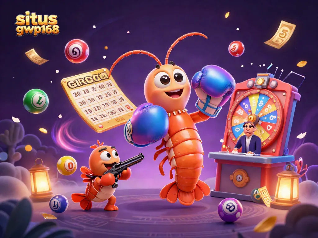 Permainan situs gwp168 dengan karakter udang mantis dan bola lotere berwarna-warni.