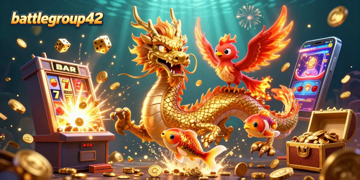 battlegroup42 showcases a dazzling casino scene with a golden dragon, phoenix, and koi fish amidst slot machine glory.