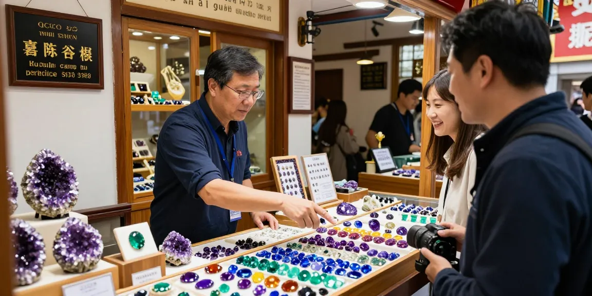 Gemstone shopping experience at https://www.mygemspot.com with colorful displays and customer interaction