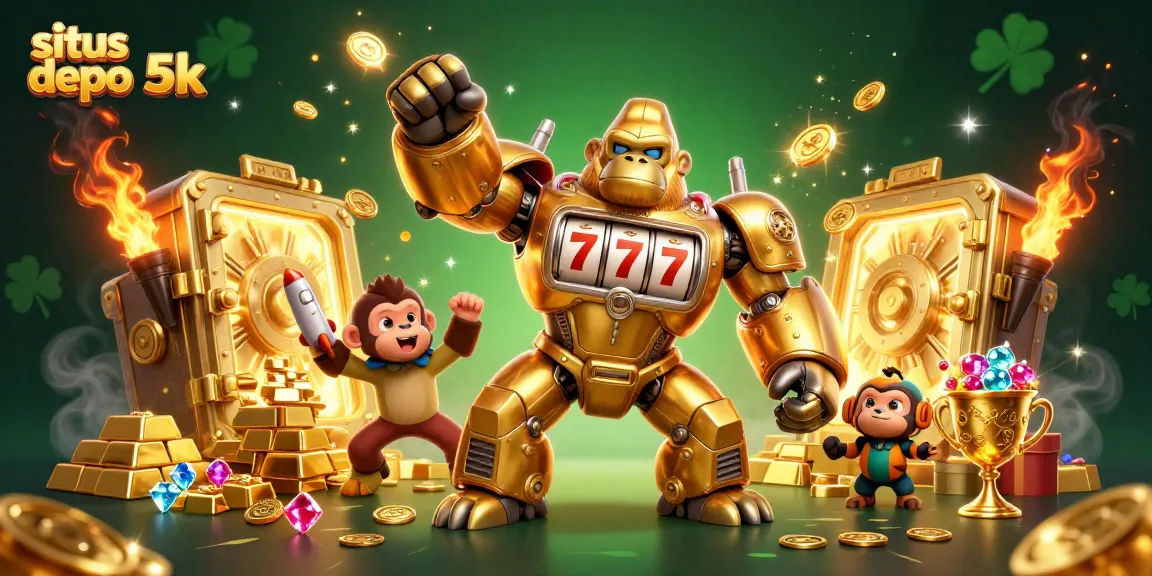 Sparkle and excitement on situs depo 5k as a golden gorilla mech celebrates jackpots with coins flying.