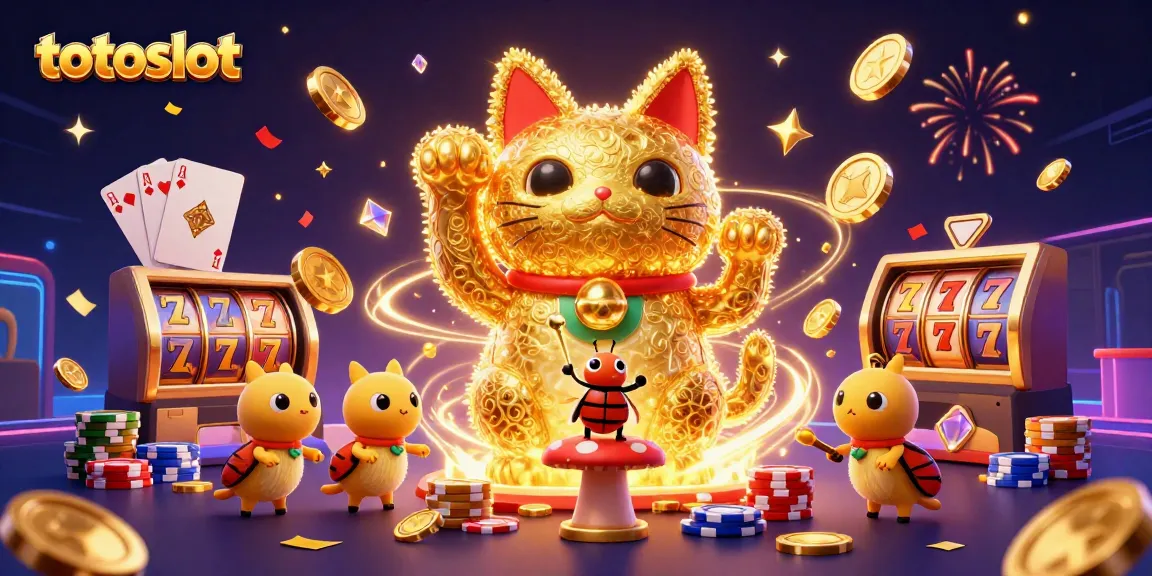 Totoslot features a vibrant, 3D scene with a lucky cat and conductor beetle amid casino symbols, creating winning excitement.