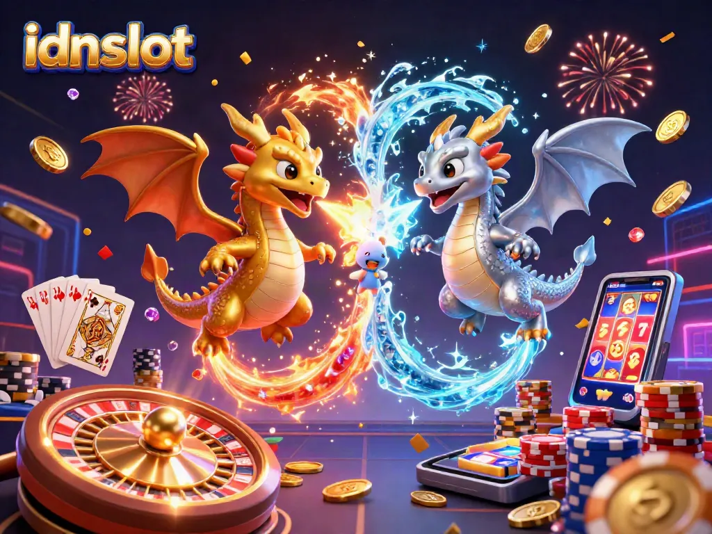 Engage in thrilling idnslot gameplay with dragons, coins, and slot machines illuminating the scene