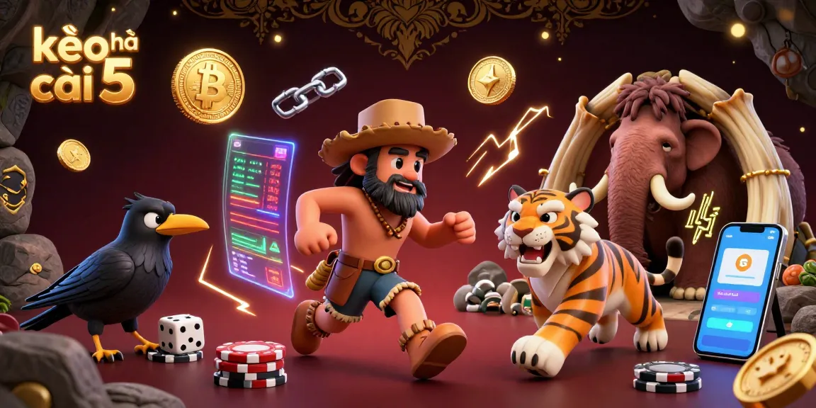 Engage with kèo nhà cái 55 where a caveman, sabertooth tiger, and crow illustrate a prehistoric casino experience.