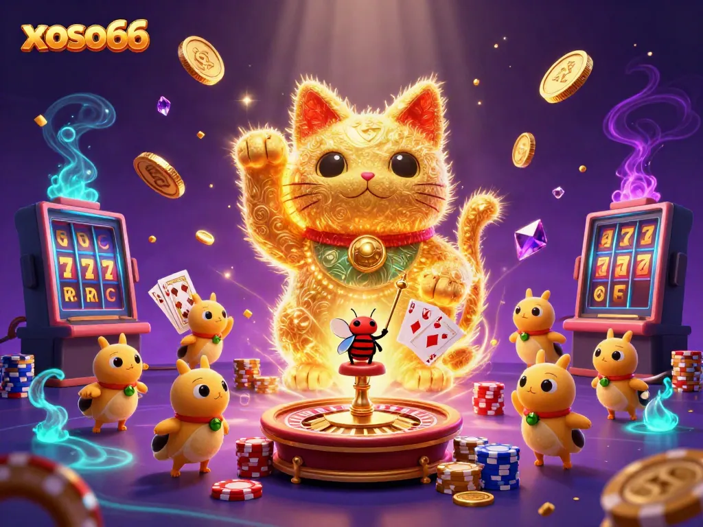 Experience gaming excitement with xoso66's lucky cat and dynamic casino elements.