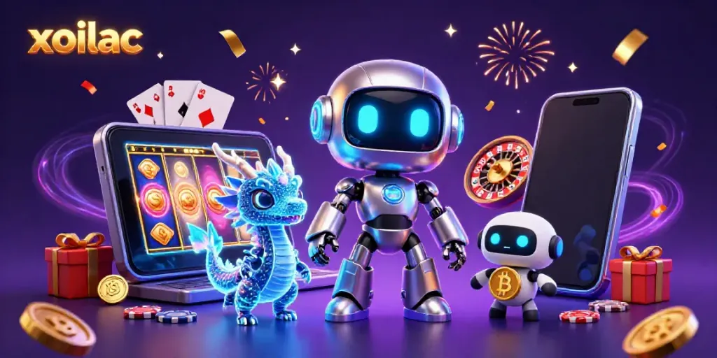 Xoilac energetic gaming scene showcasing vibrant characters, digital rewards, and festive atmosphere in a casino setting.