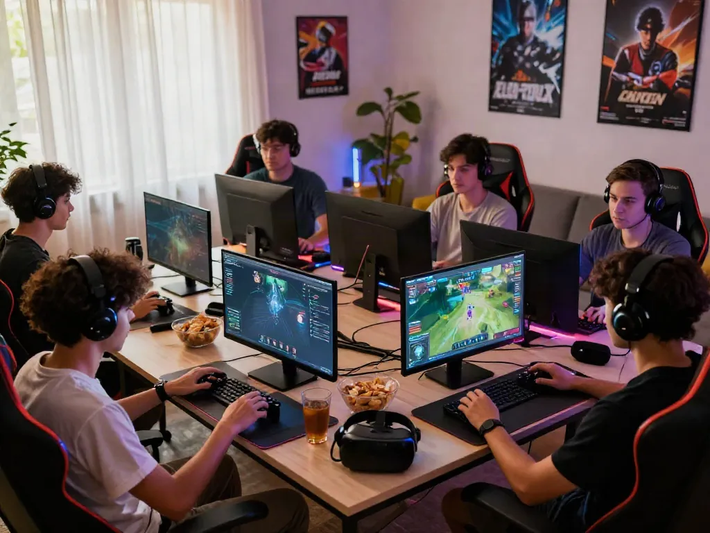 Group of young adults playing unsurtoto online games in a vibrant living room