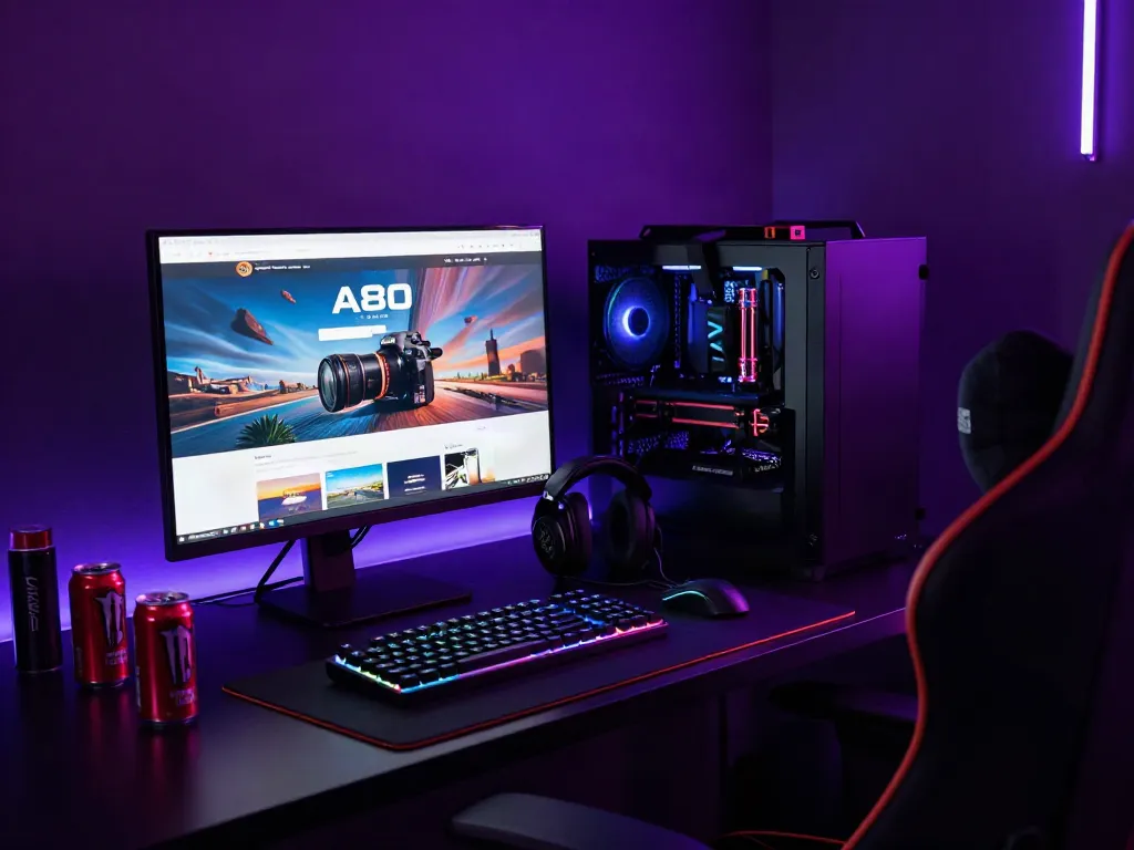 Vibrant gaming setup showcasing the A80 homepage with neon accents.