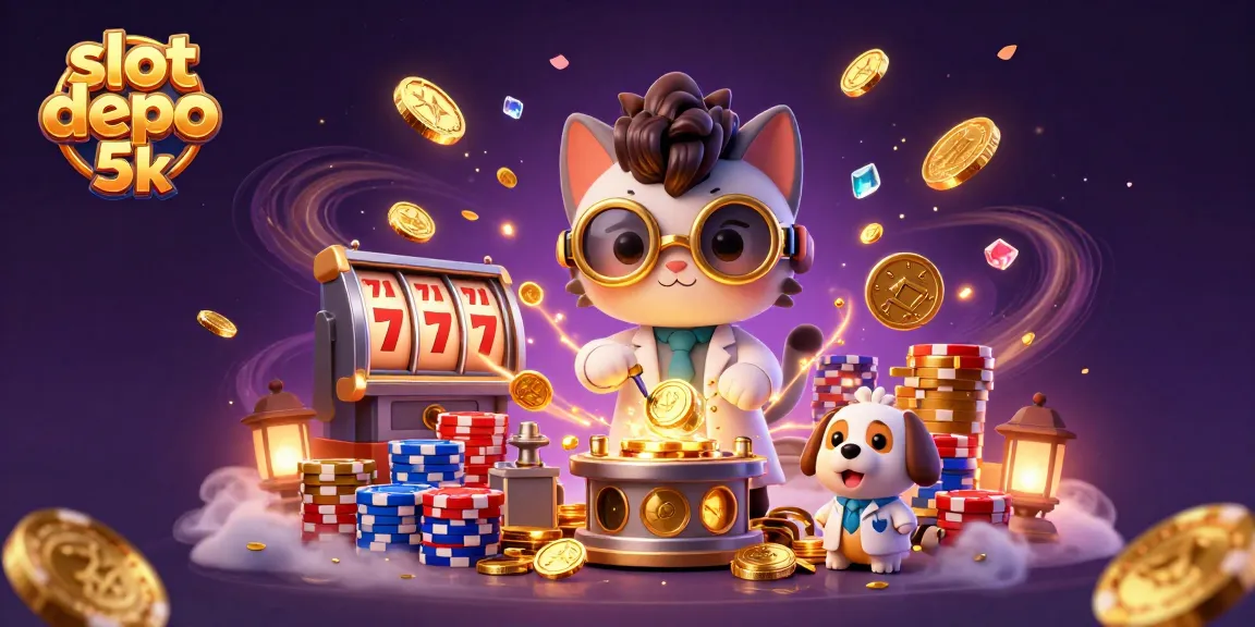 Experience slot depo 5k excitement with vibrant spinning reels and golden coins in a thrilling casino scene.
